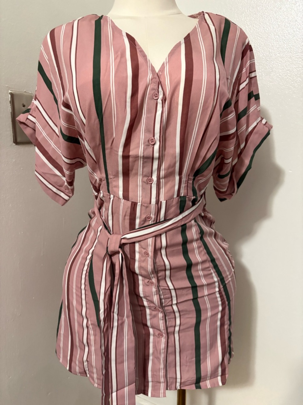 entro Rose Pink Striped Button-Front Tie-Waist Mini Dress NWT